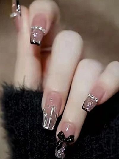 Uñas Reusables Sintéticas Colores Pastel Con Glitter Y Moños Z272