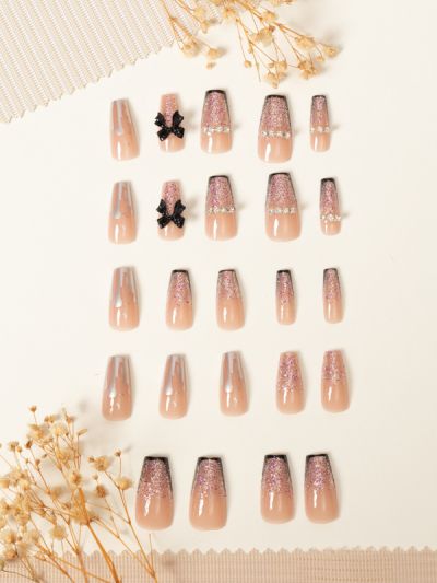 Uñas Reusables Sintéticas Colores Pastel Con Glitter Y Moños Z272