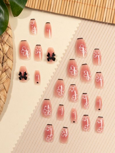 Uñas Falsas Reusables Decorado Francés Floral con Moño Z303