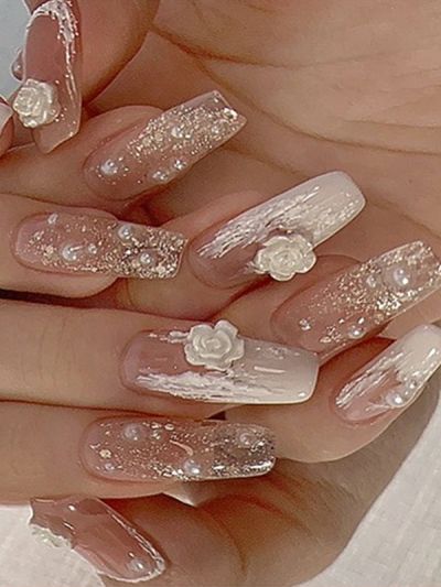 Uñas Postizas Reutilizables Con Flores Y Perlas Z312