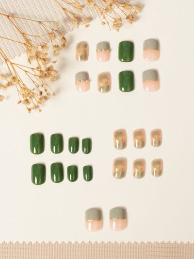 Uñas Acrílicas Reusables Verdes Con Perlas Z325